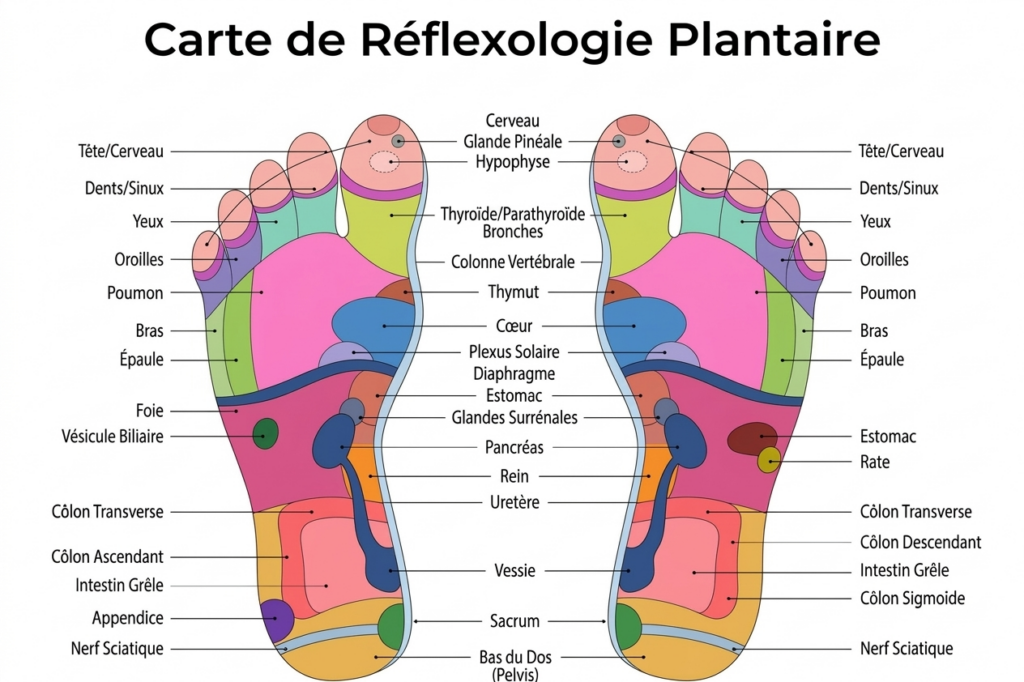 Carte zones réflexes plantaires pieds réflexologie